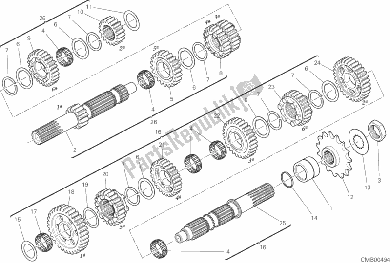 All parts for the Gear Box of the Ducati Monster 821 Thailand 2019